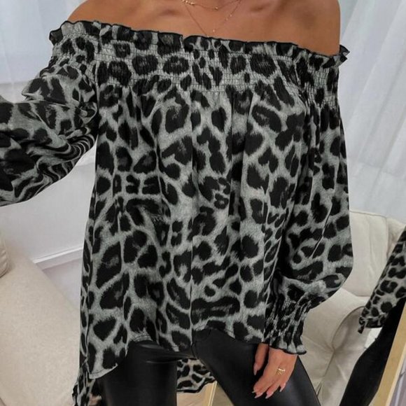 Off-shoulder Leopard Print High Low Blouse - gray - Picture 2 of 5